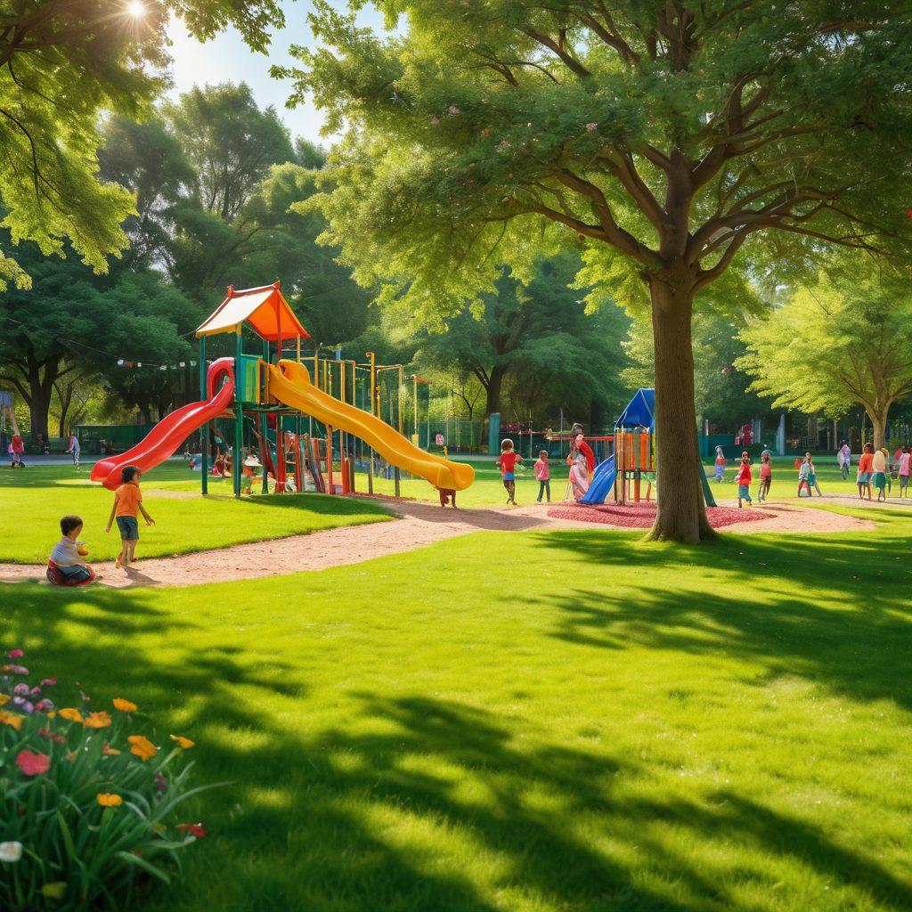 A candid scene of children playing joyfully in a sunlit park, capturing their genuine laughter and natural interactions. Include vibrant green grass, blooming flowers, and a colorful playground in the background. The composition should feel warm and inviting, showcasing the innocence and spontaneity of childhood. soft focus, vibrant colors, super-realistic.