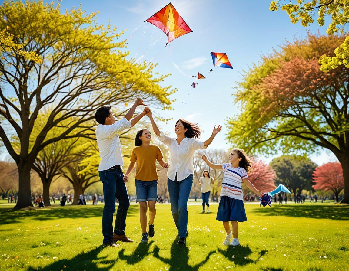 A warm, candid scene of a family playing in a sunlit park, capturing joyful laughter and interaction. In the foreground, a photographer with a vintage camera captures the moment, framed by blossoming trees and colorful kites soaring in the sky. Soft focus on the background creates a dreamy effect, highlighting the connection between family members. The colors should be warm and inviting, enhancing a sense of nostalgia. super-realistic. vibrant colors.