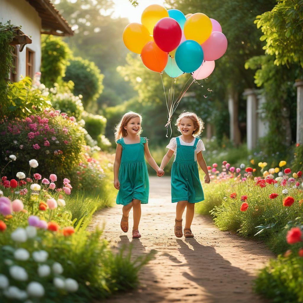 A charming outdoor scene capturing children playing joyfully, surrounded by blossoming flowers under a sunny sky. The focus is on their genuine smiles and laughter, as colorful balloons float in the background. Soft, dreamy lighting enhances the magical atmosphere of childhood innocence. super-realistic. vibrant colors. natural background.